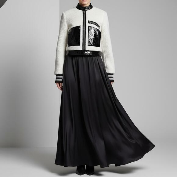 Handmade Black & White Shearling Moto Jacket Patent Leather Contrast, Cropped - Picture 3 of 16